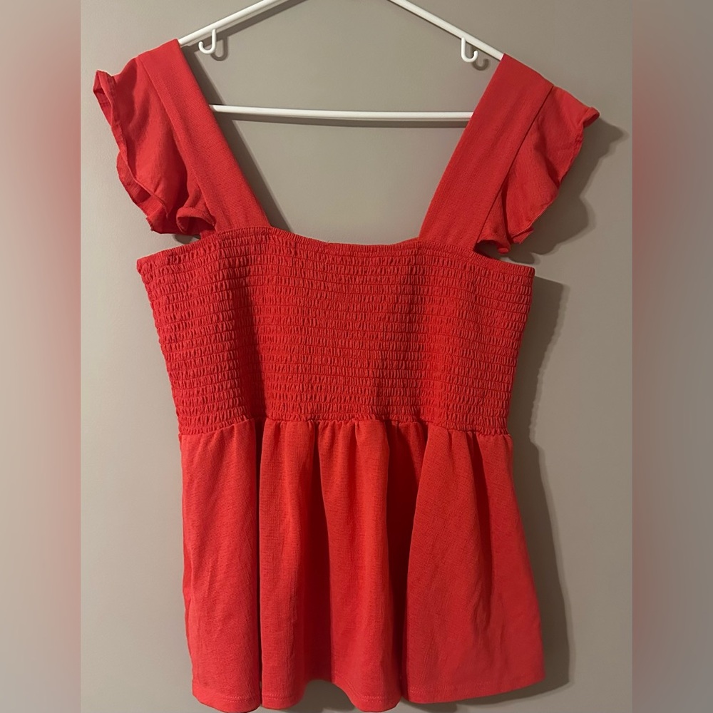 LOVE + JOY size 2X, coral colored, smocked bodice, ruffle sleeve top. - Picture 2 of 6
